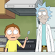 Morty points a spoon at Rick.